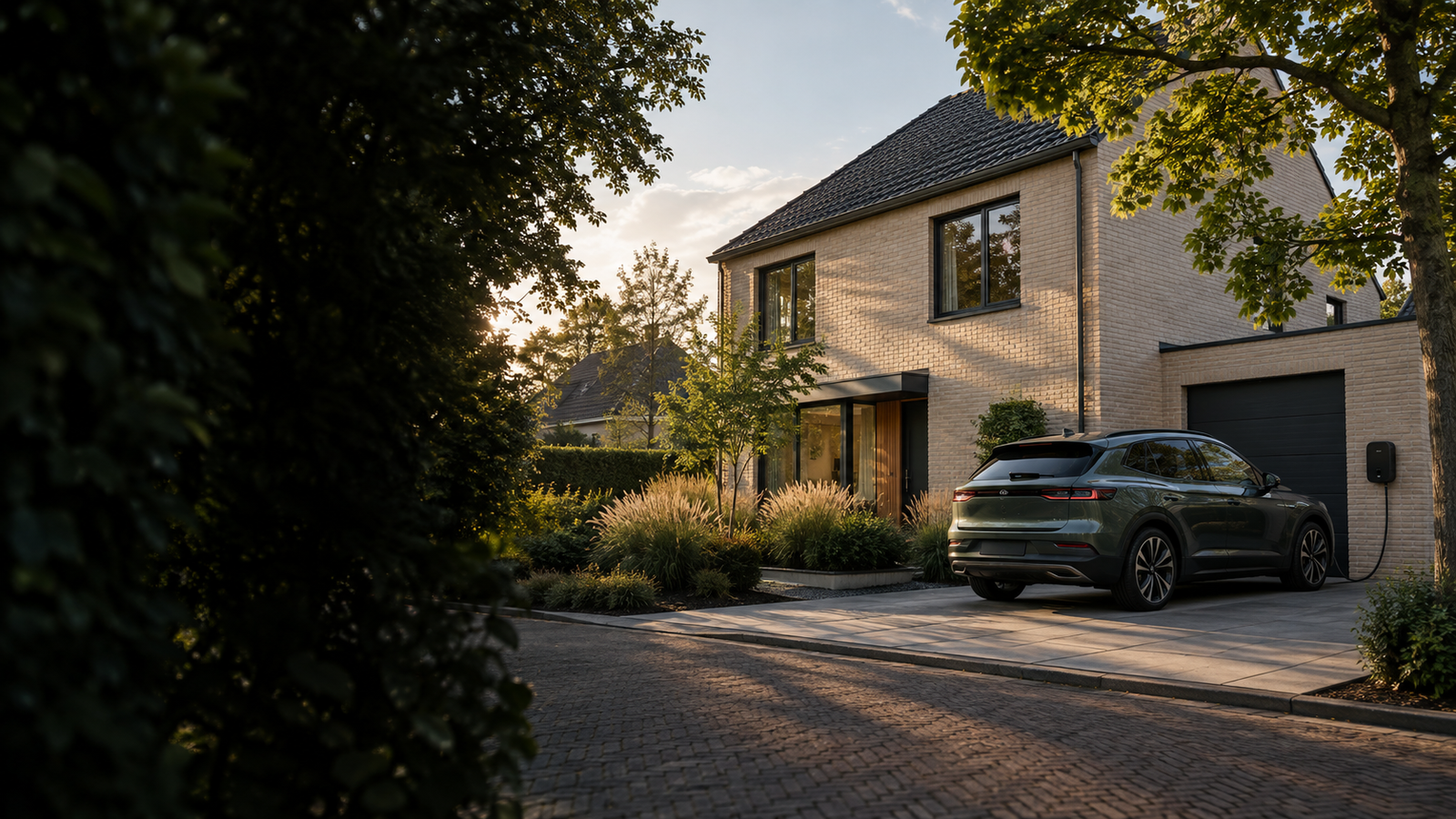 AI-sfeerbeeld van een woning met een elektrische auto en laadpunt; geen Tenra-project